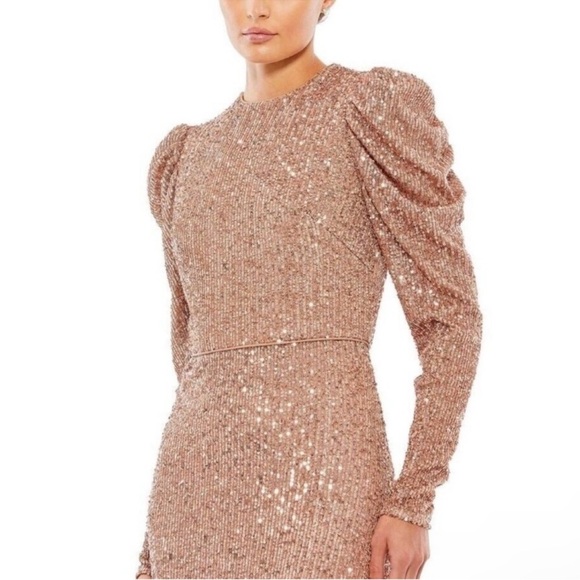 Mac Duggal Sequin High Neck Juliet Puff Long SleeveTrumpet Column Gown Copper